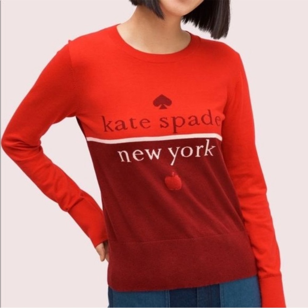 KATE SPADE RED Colorblock Logo Long Sleeve  req neck Pullover Sweater, Small.